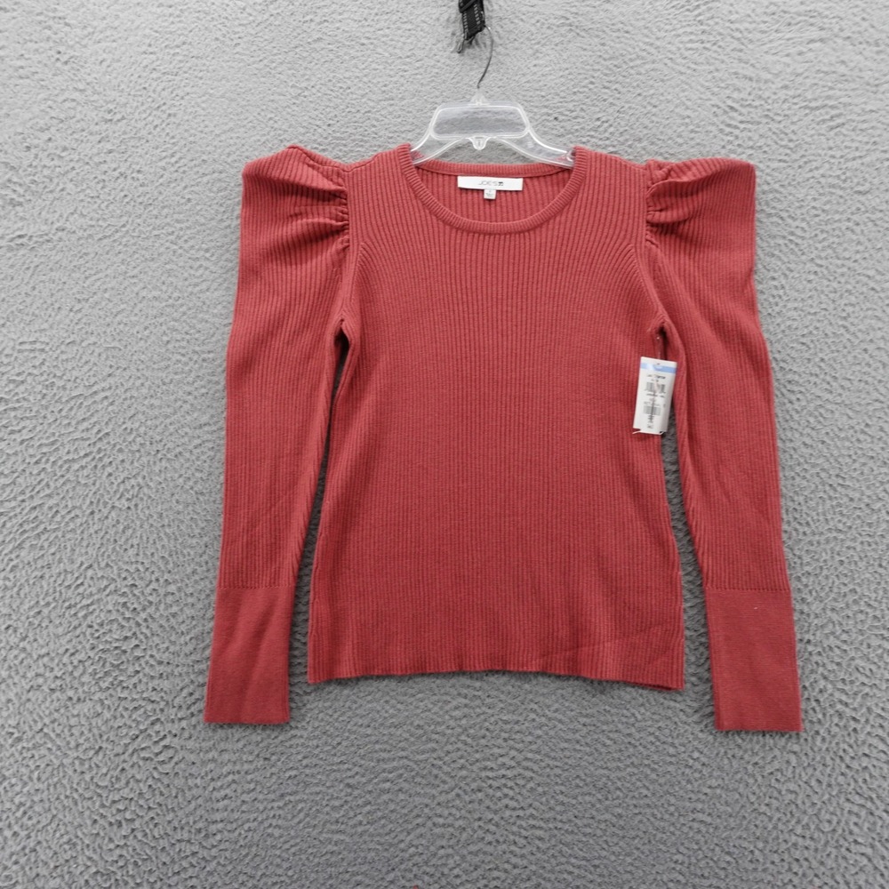 Joes Ribbed Puff Sleeve Sweater Small Red Pink Womens Knit Top Crew Neck NEW